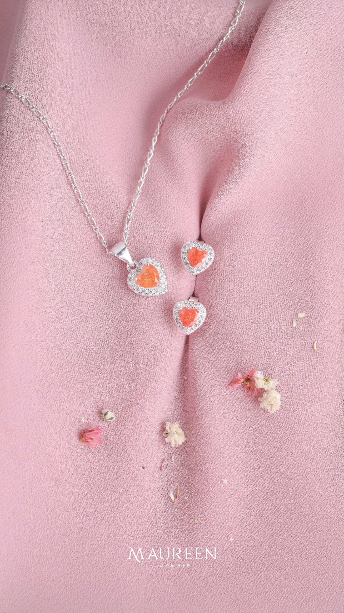 Juego corazon opalo anaranjado - Plata