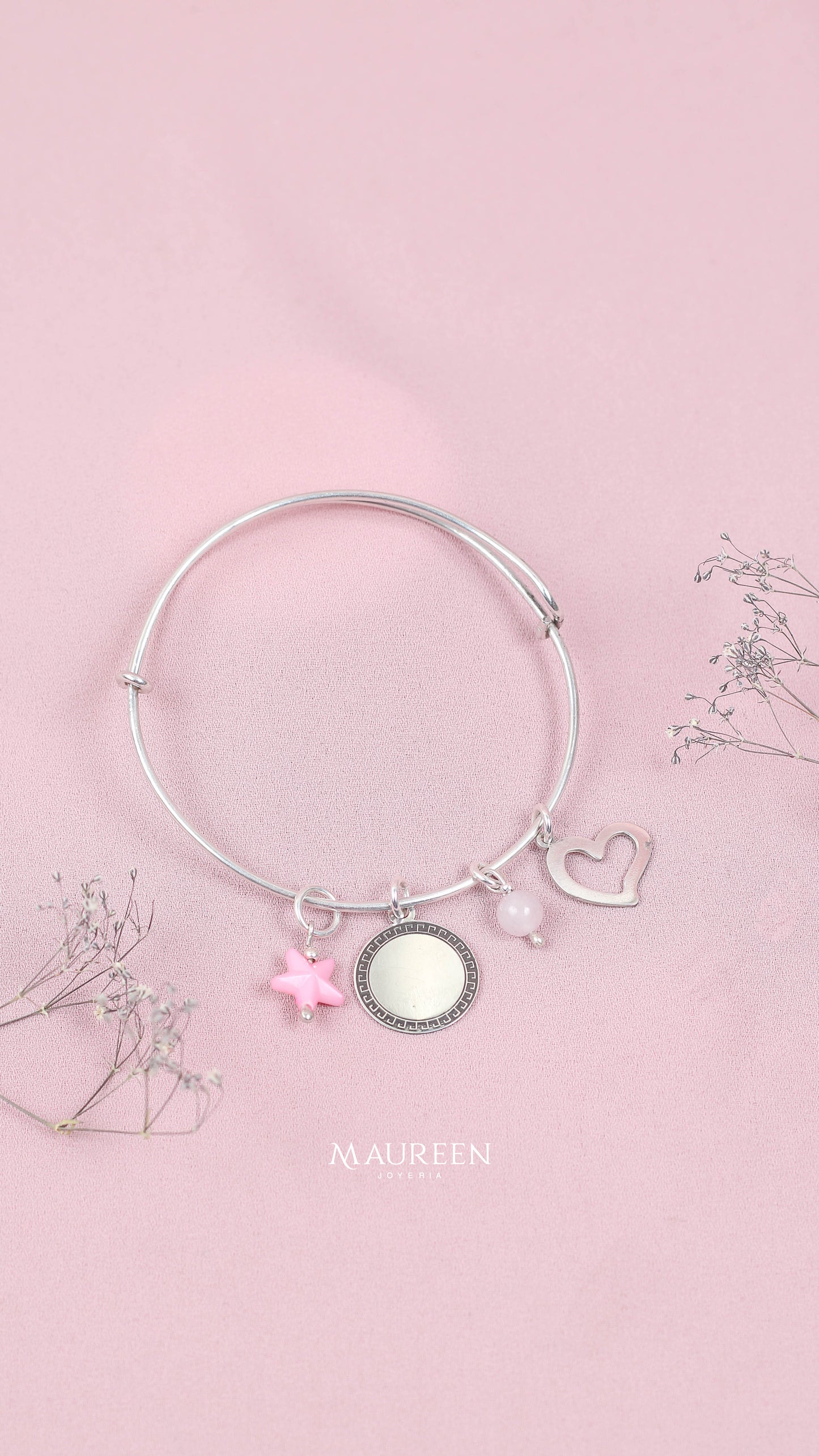 Pulsera ajustable placa, corazon, estrella y piedra natural- Plata