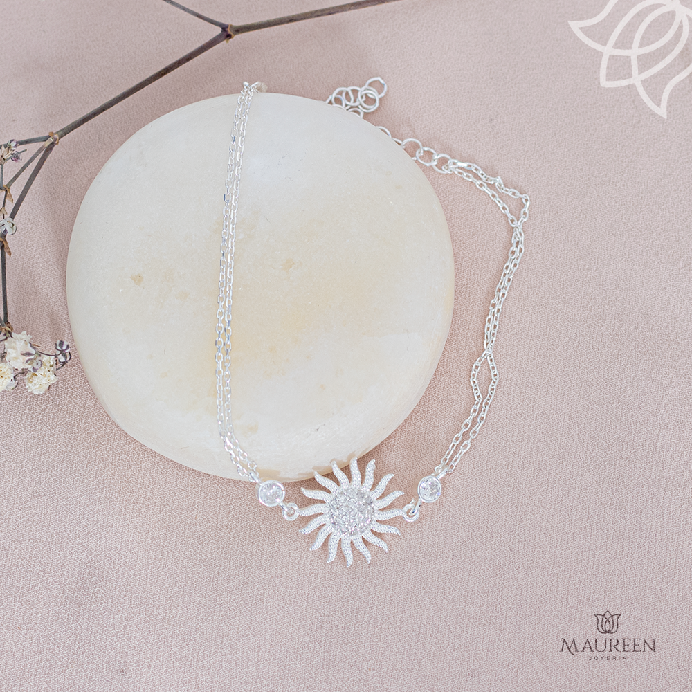 Pulsera doble cadena con sol con circones - Plata