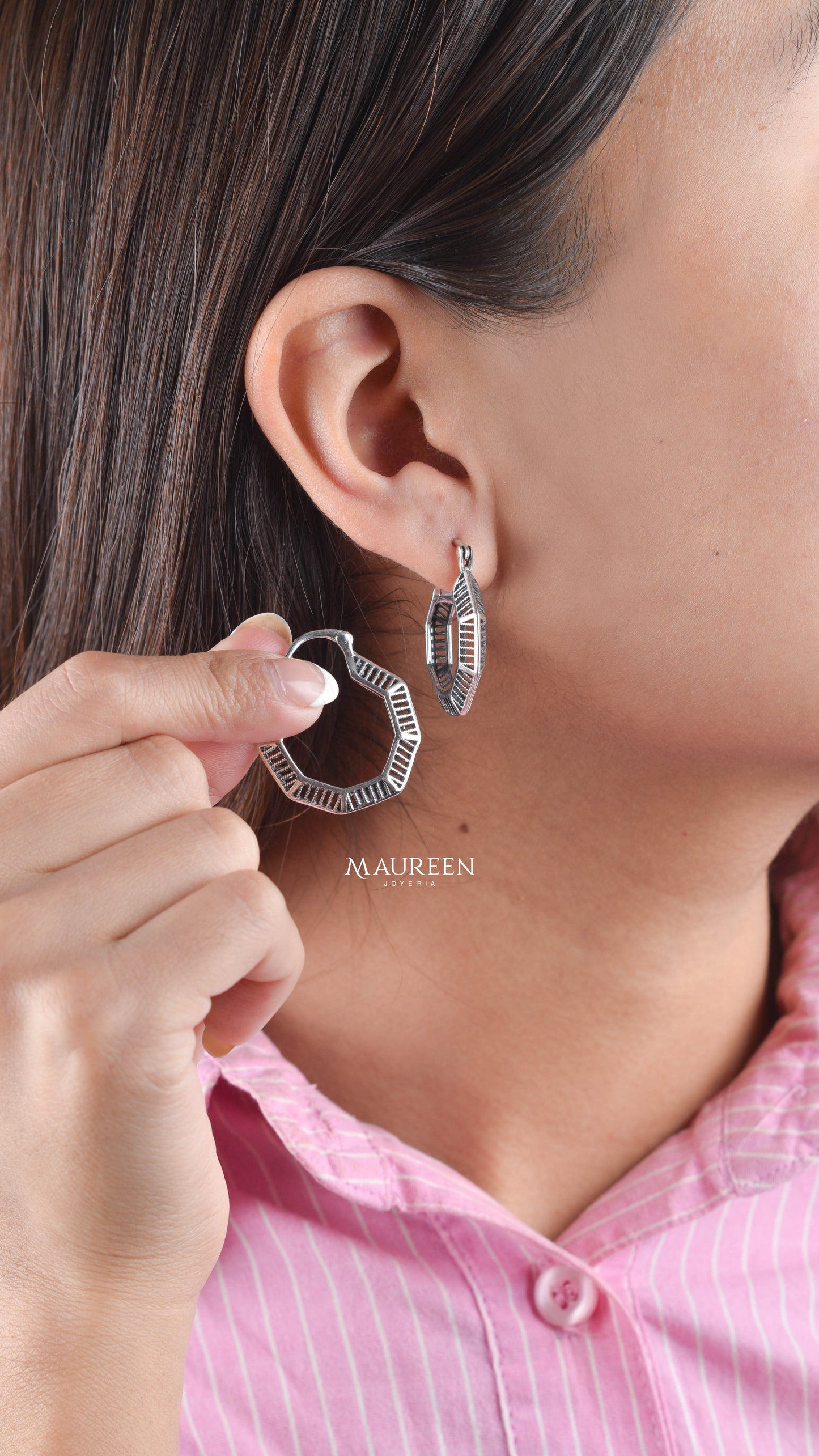 Argolla chunky rombos - Plata quemada