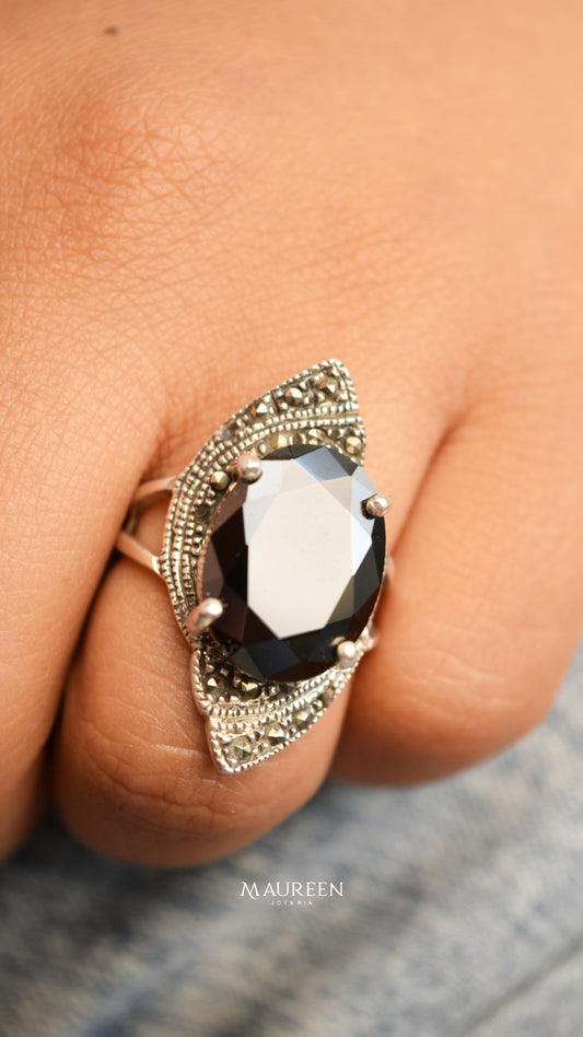 Anillo marquesita hoja piedra onix - Plata