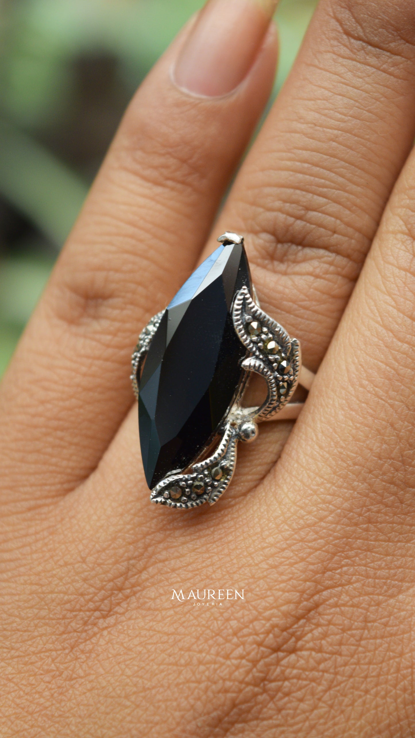 Anillo hoja piedra onix marquesita - Plata