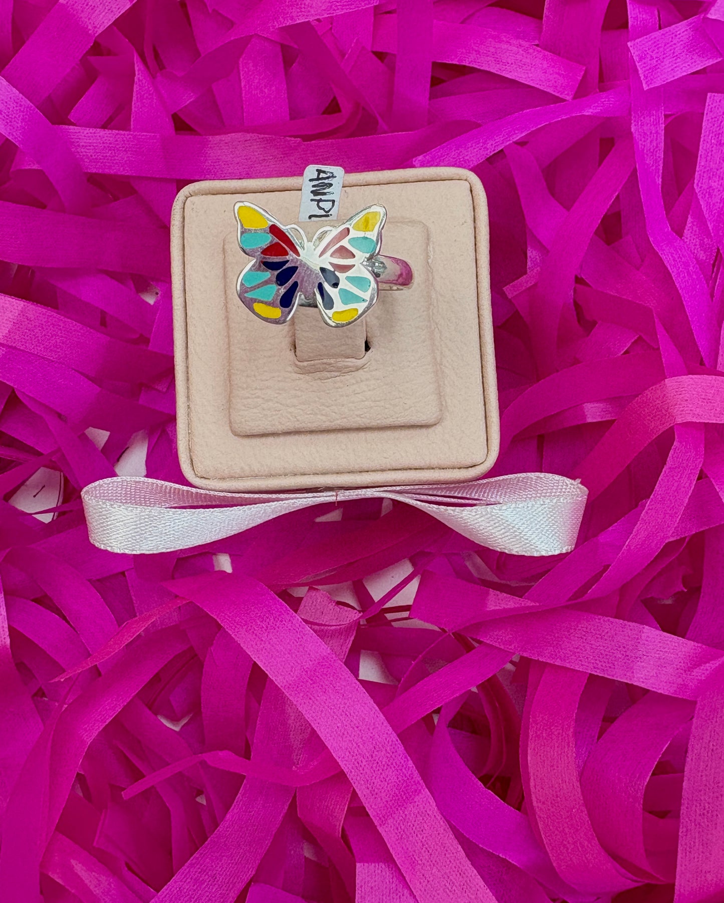 Anillo ajustable mariposa arcoiris esmaltada - plata