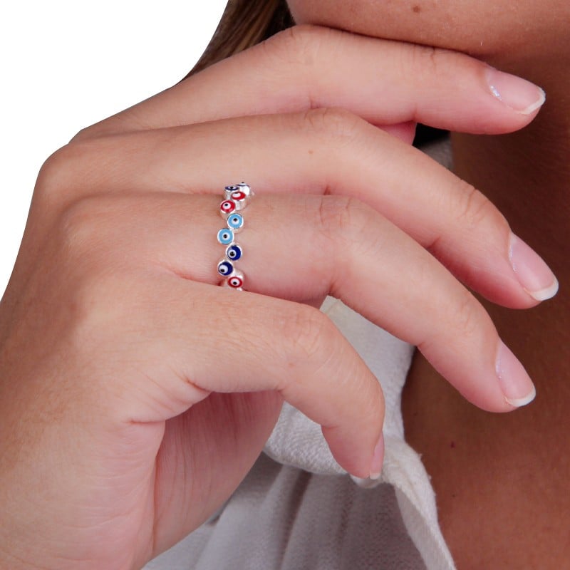 Anillo ojo turco intercalado multicolor - Plata
