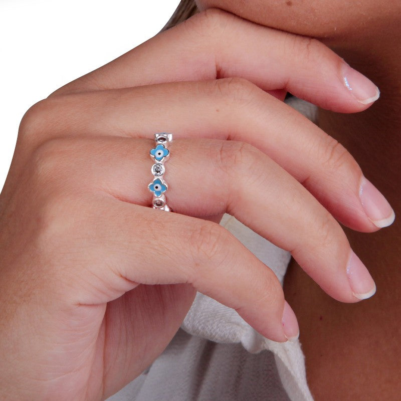Anillo ojo turco flor celeste y circones - Plata