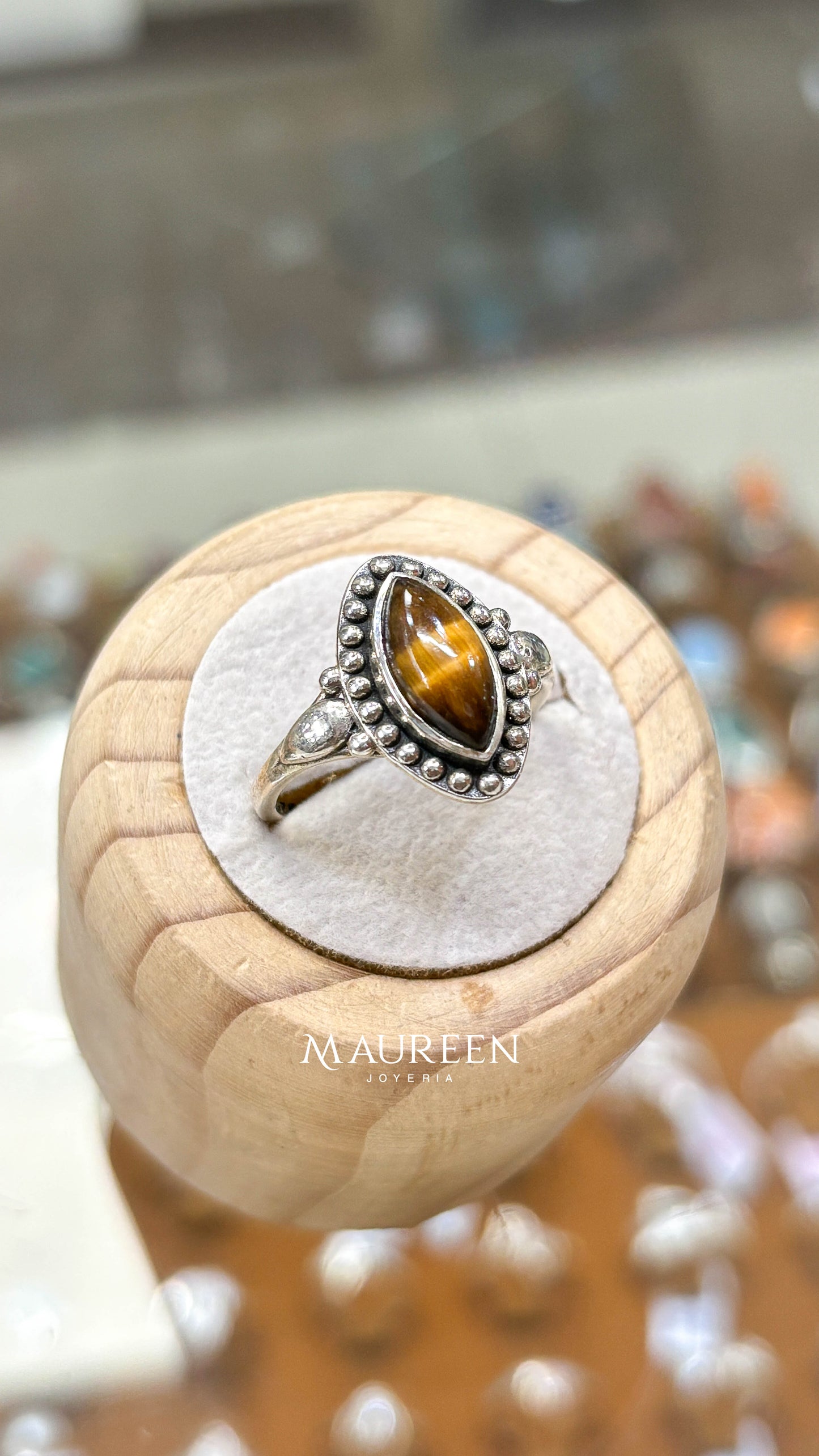 Anillo ovalado piedra ojo tigre - Plata quemada