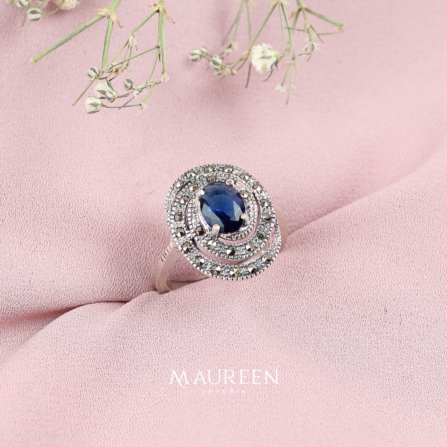 Anillo marquesita espiral con zafiro oval - Plata