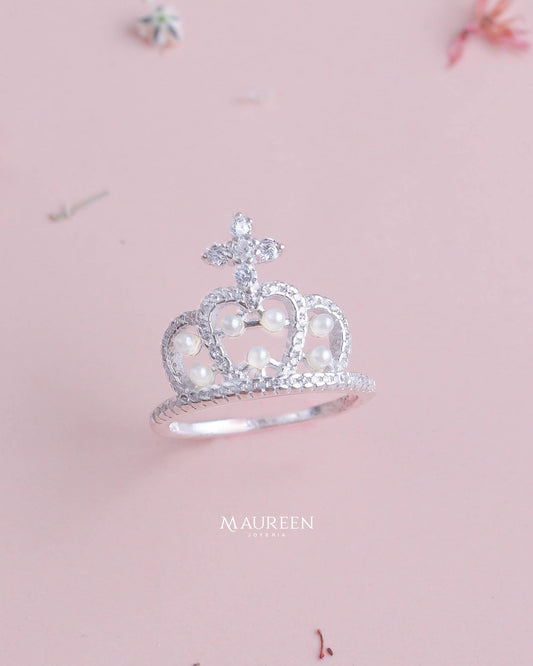 Anillo corona con perlas y circones - Plata