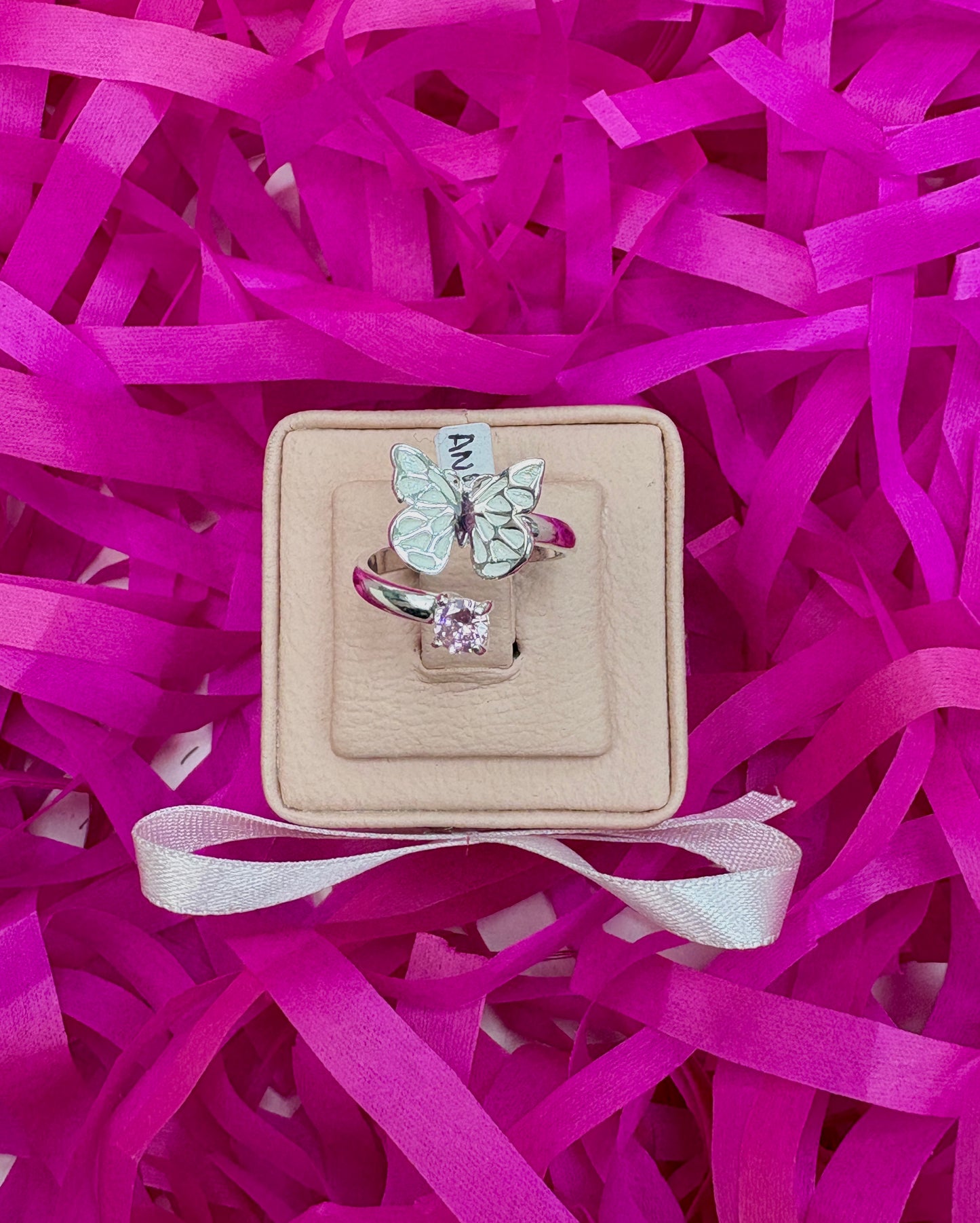 Anillo ajustable mariposa con circon alas tupidas (rosado, blanco) - plata