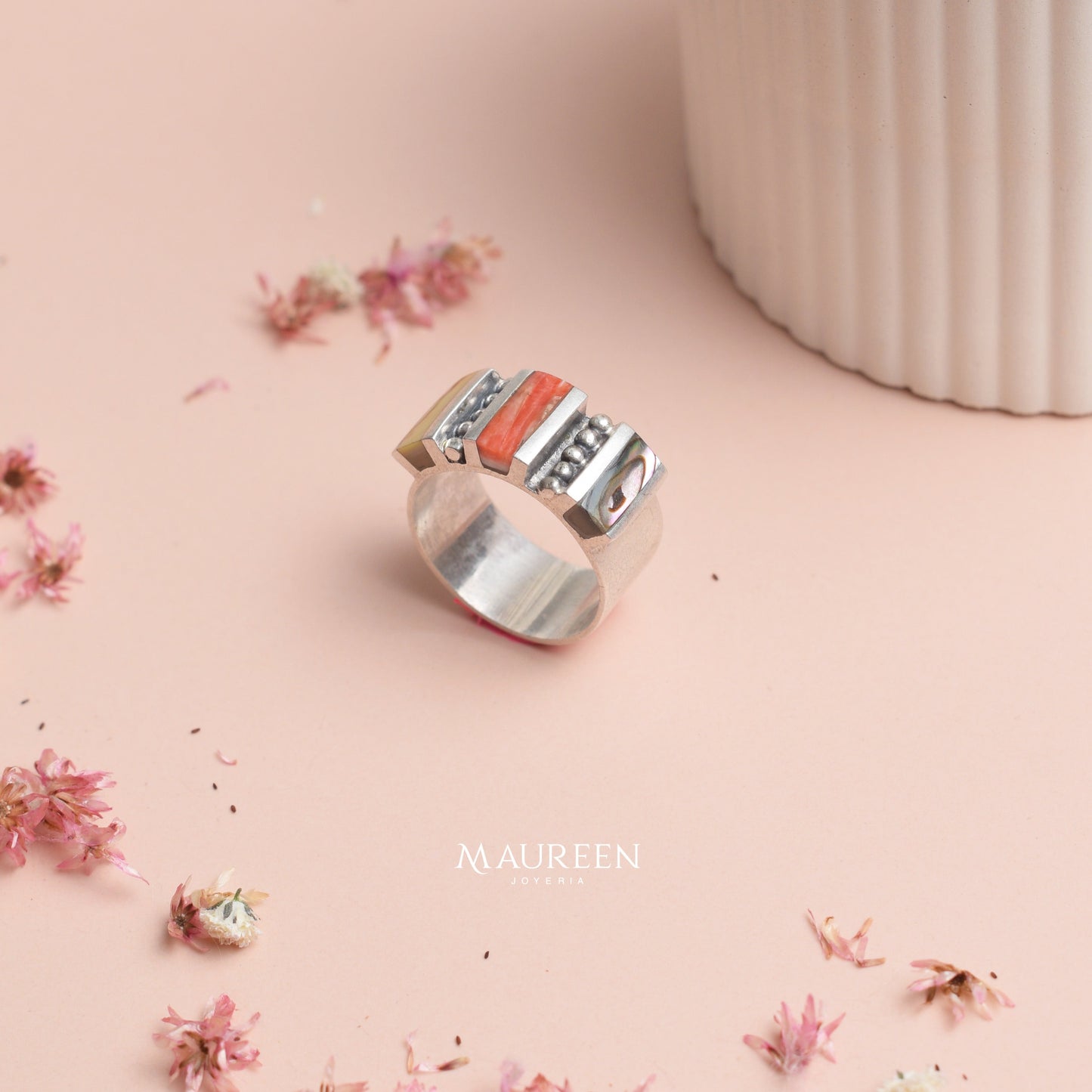 Anillo rectangular citrino, ovalon y cornalina - Plata