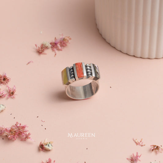 Anillo rectangular citrino, ovalon y cornalina - Plata