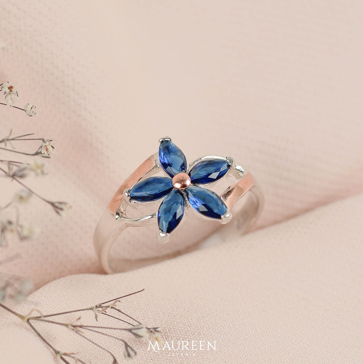 Anillo flor zafiro plata/oro - Plata