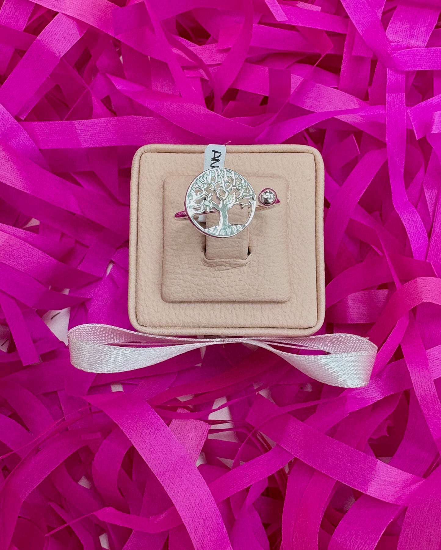 Anillo ajustable arbol de la vida calado y esfera - plata