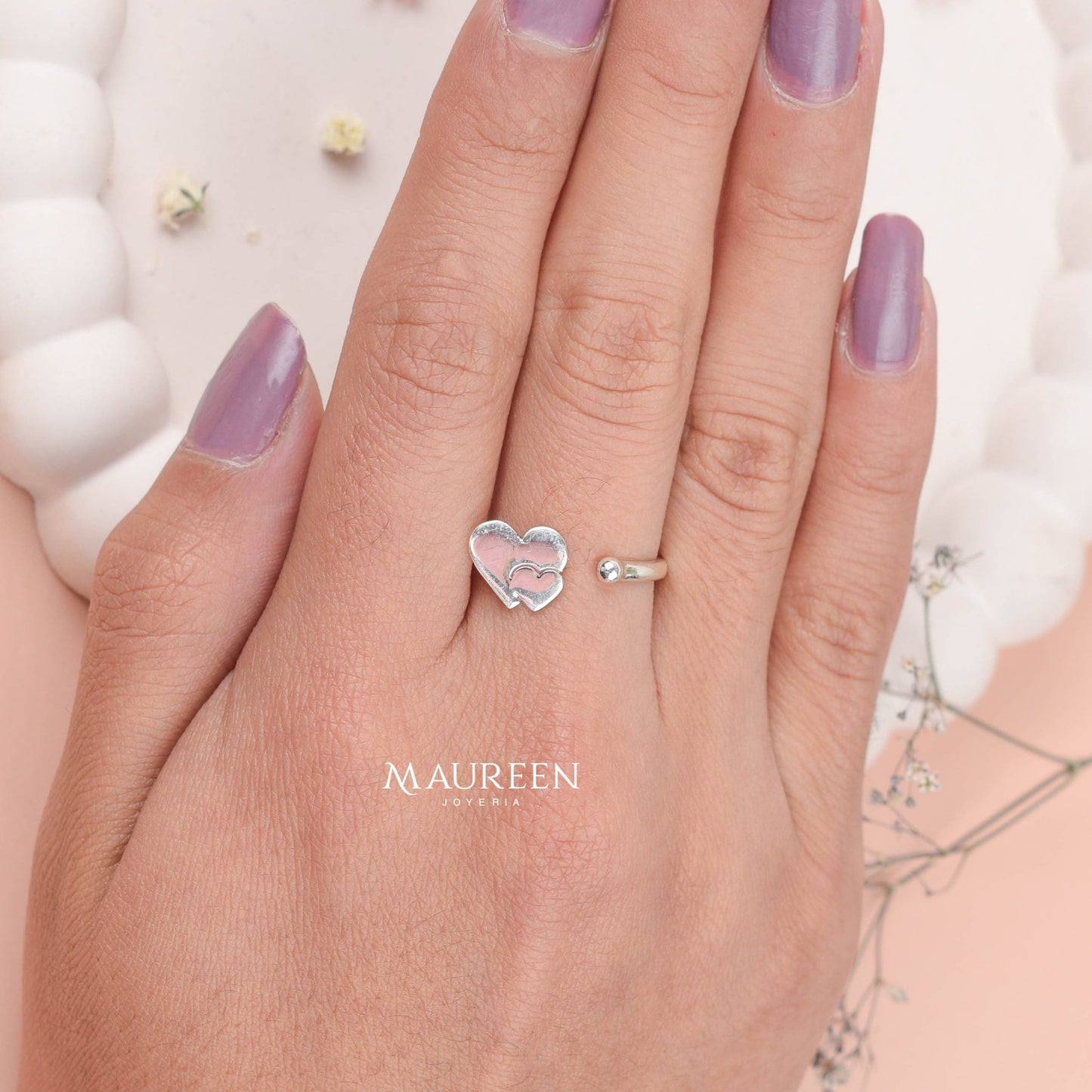 Anillo corazon doble con esfera regulable - Plata