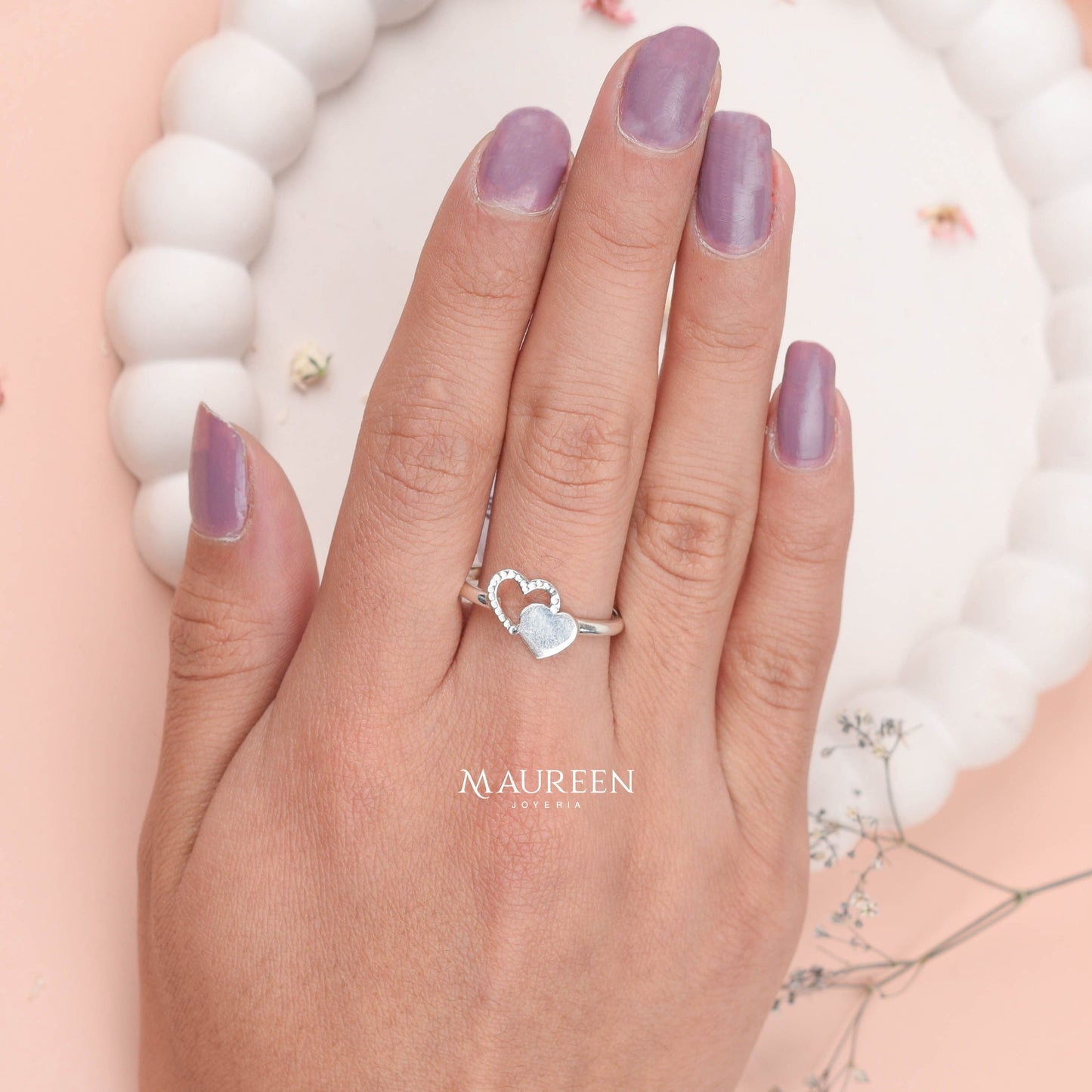 Anillo doble corazón calado - Plata