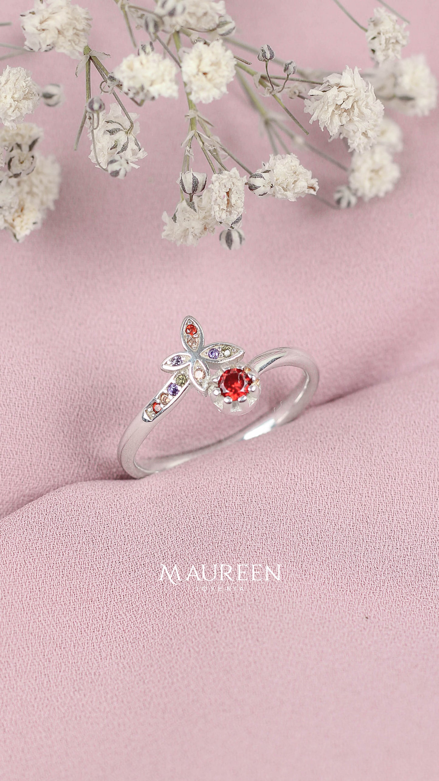 Anillo mariposa flor rubi - Plata