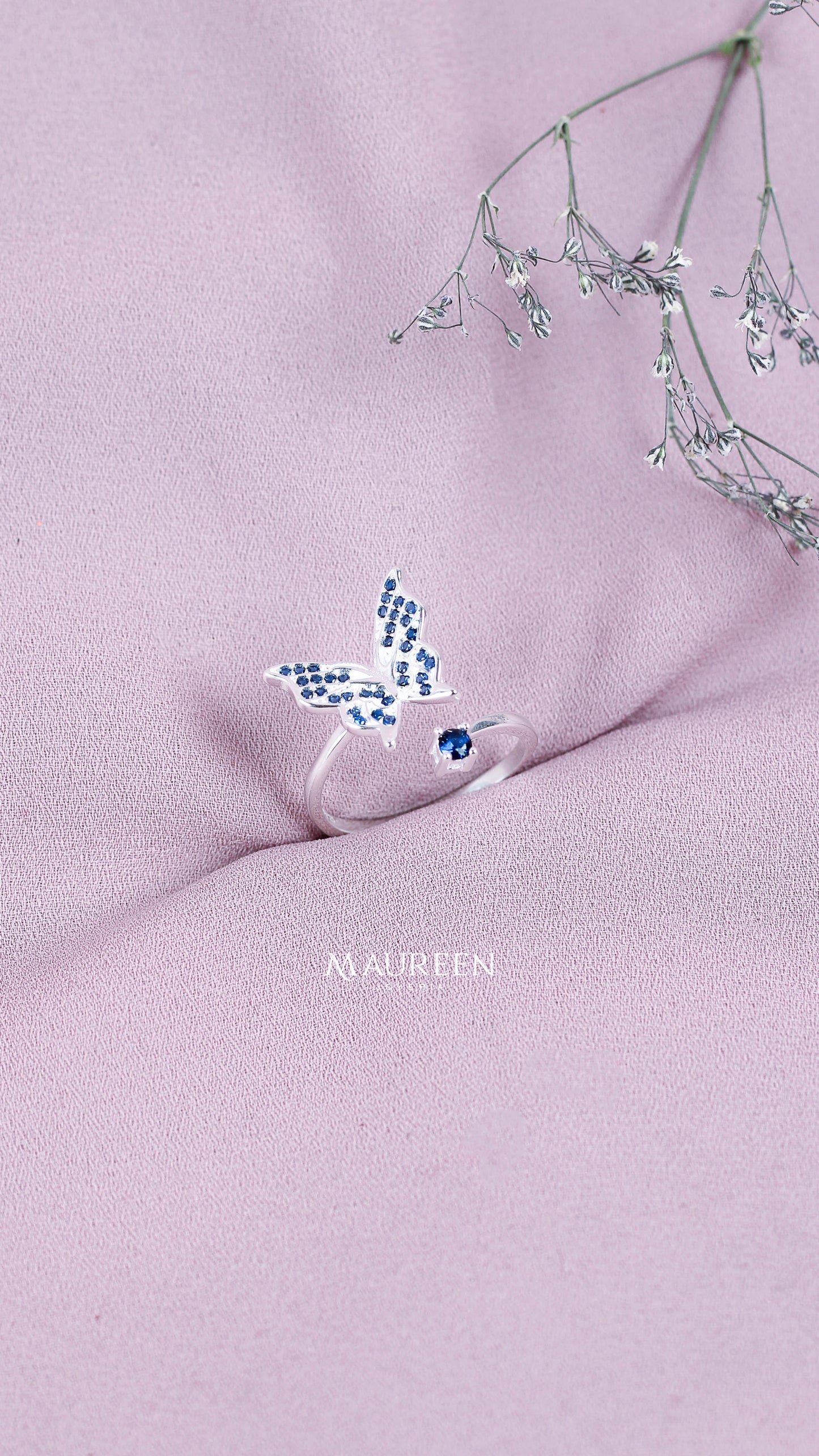 Anillo ajustable mariposa con circones azules - Plata