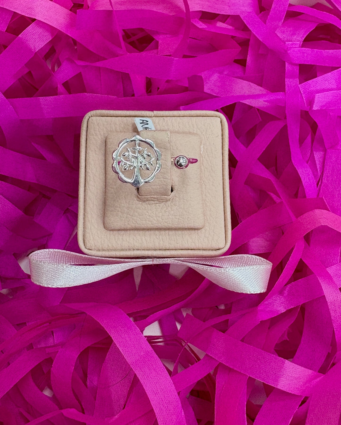 Anillo ajustable arbol de la vida contorno flor y esfera - plata