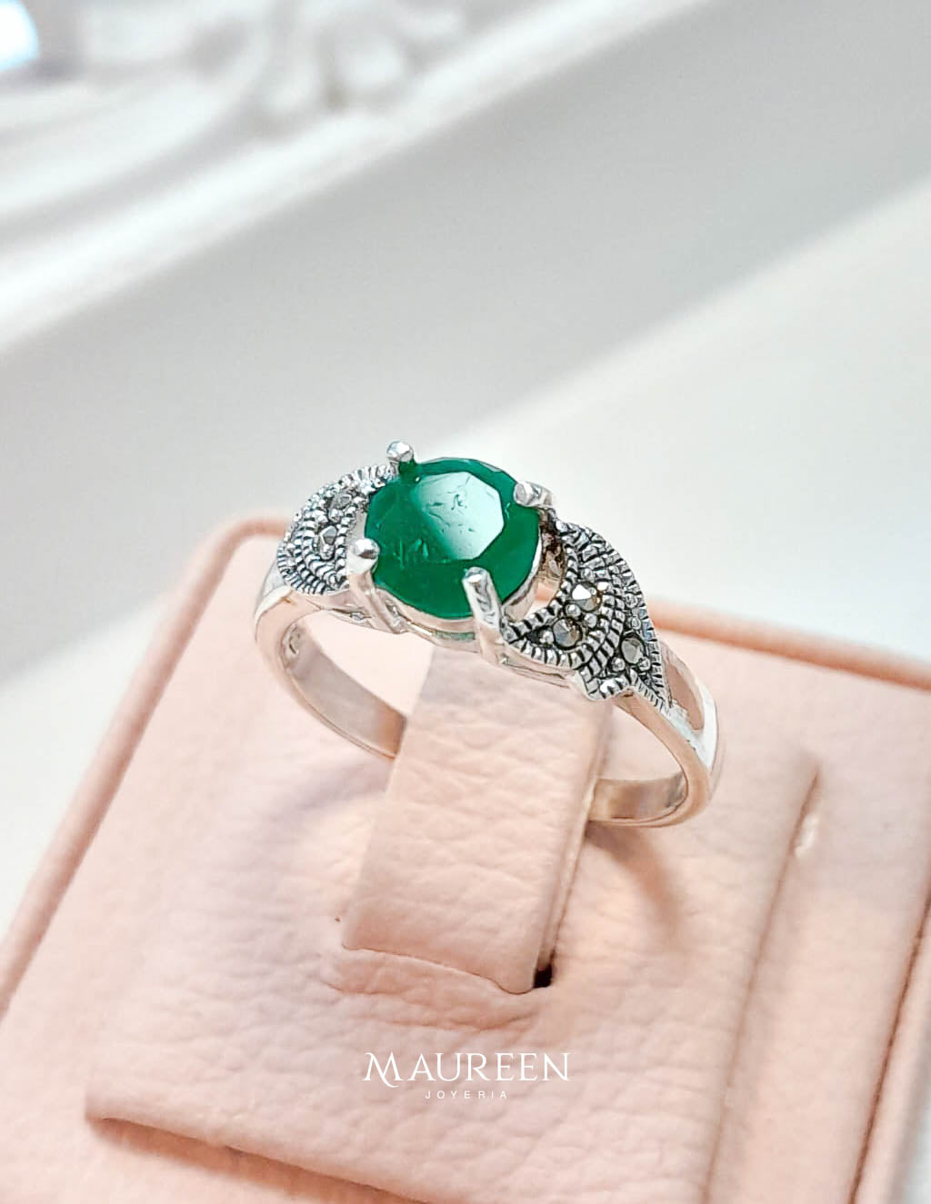 Anillo marquesita piedra esmeralda circular - Plata
