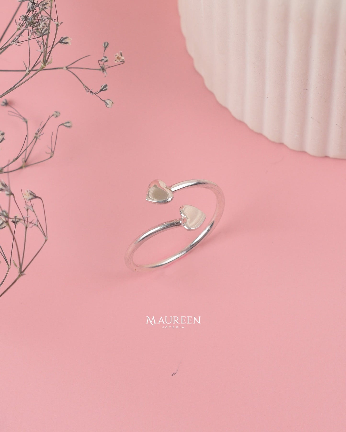 Anillo ajustable dos corazones - Plata