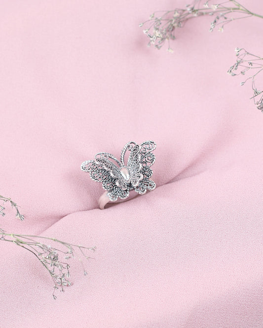 Anillo mariposa tejida dos alas - Plata quemada