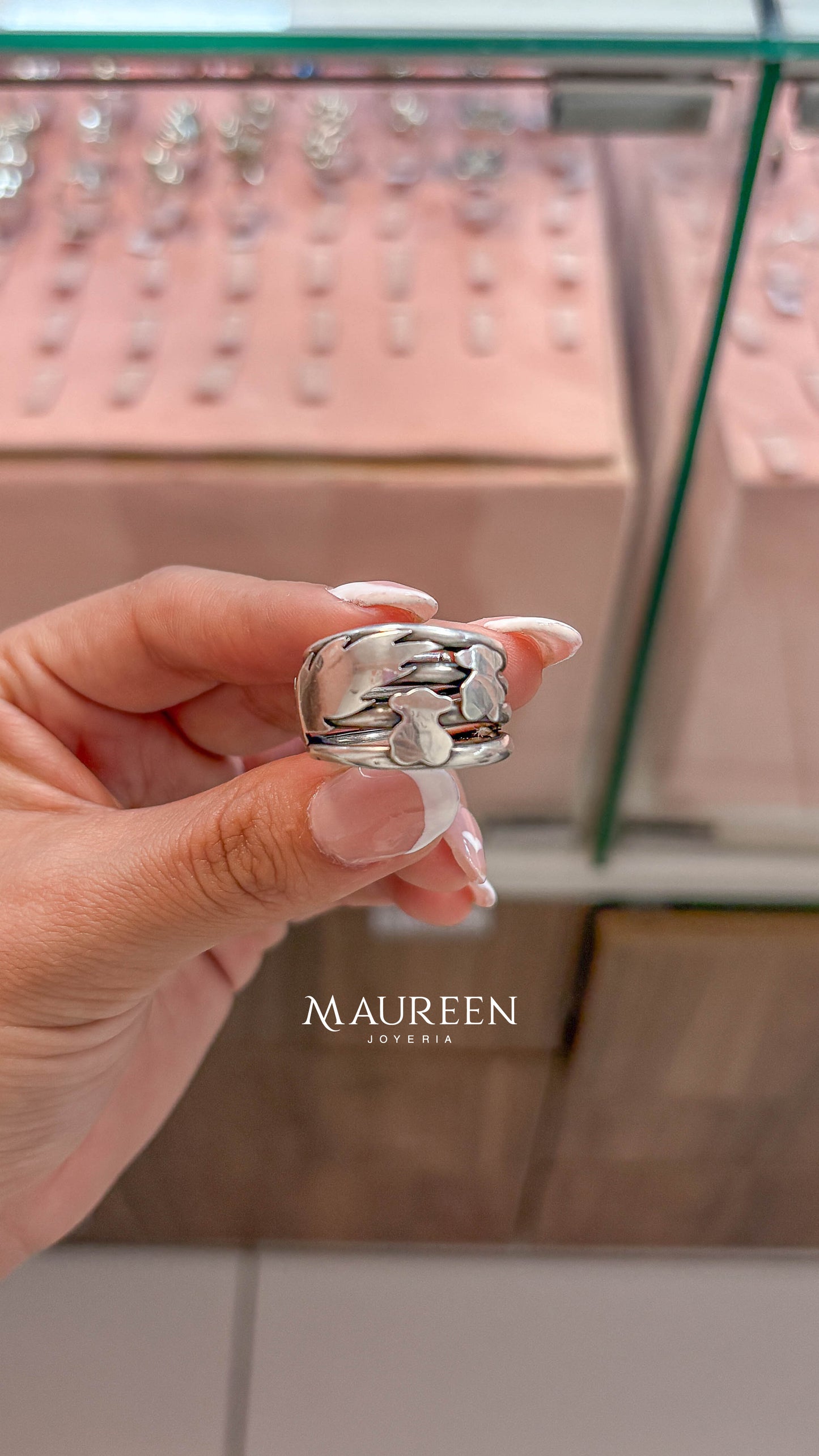 Anillo resorte grueso con ramas y oso tous - Plata