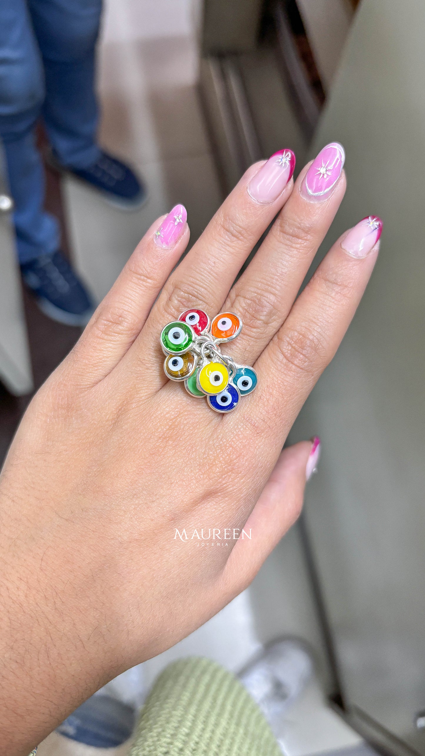 Anillo varios dijes de ojo turco colores