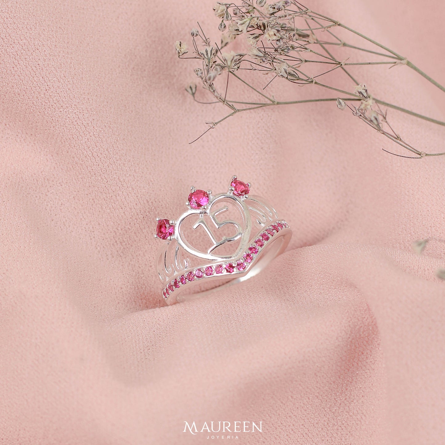 Anillo corazon rubi 15 años - Plata