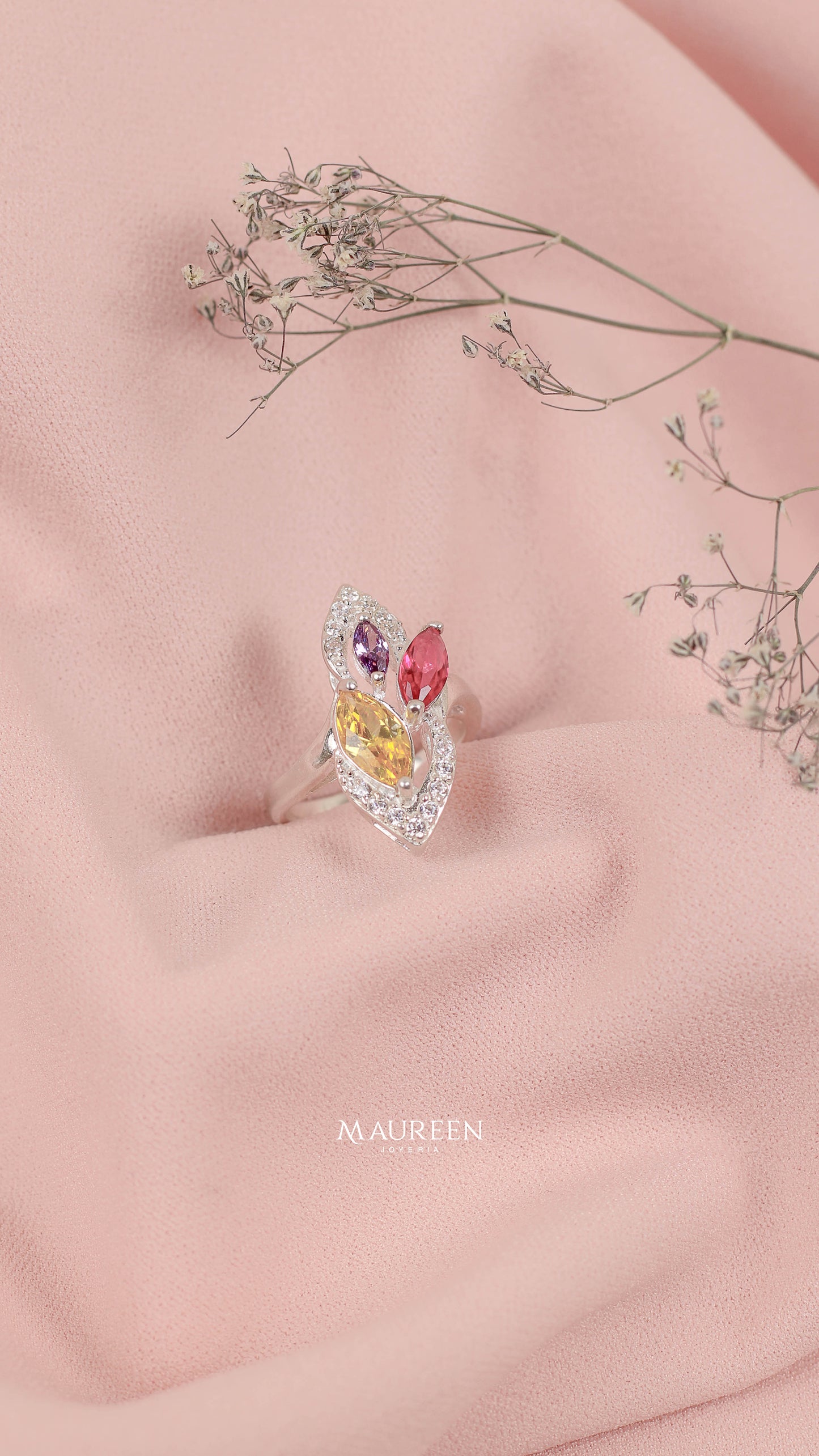 Anillo circon amarillo, amatista y rubi tipo marquesa - Plata