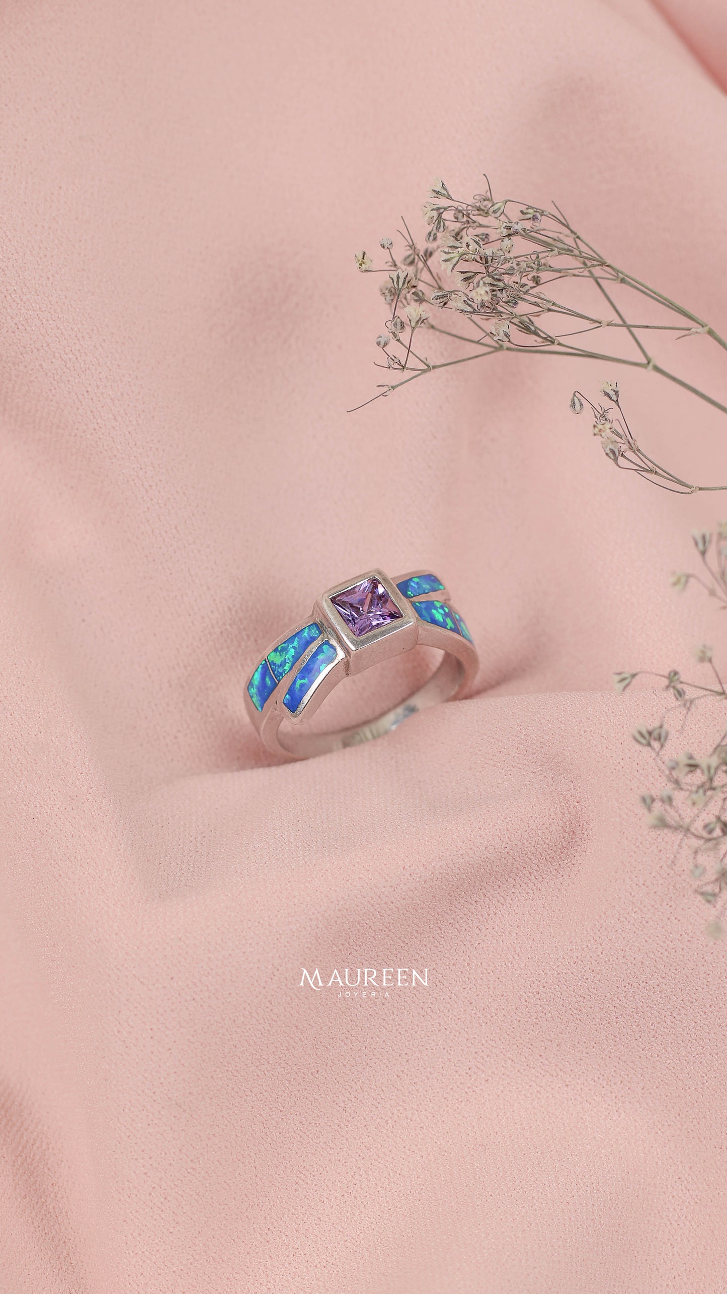 Anillo con circon morado cuadrado y opalo - Plata
