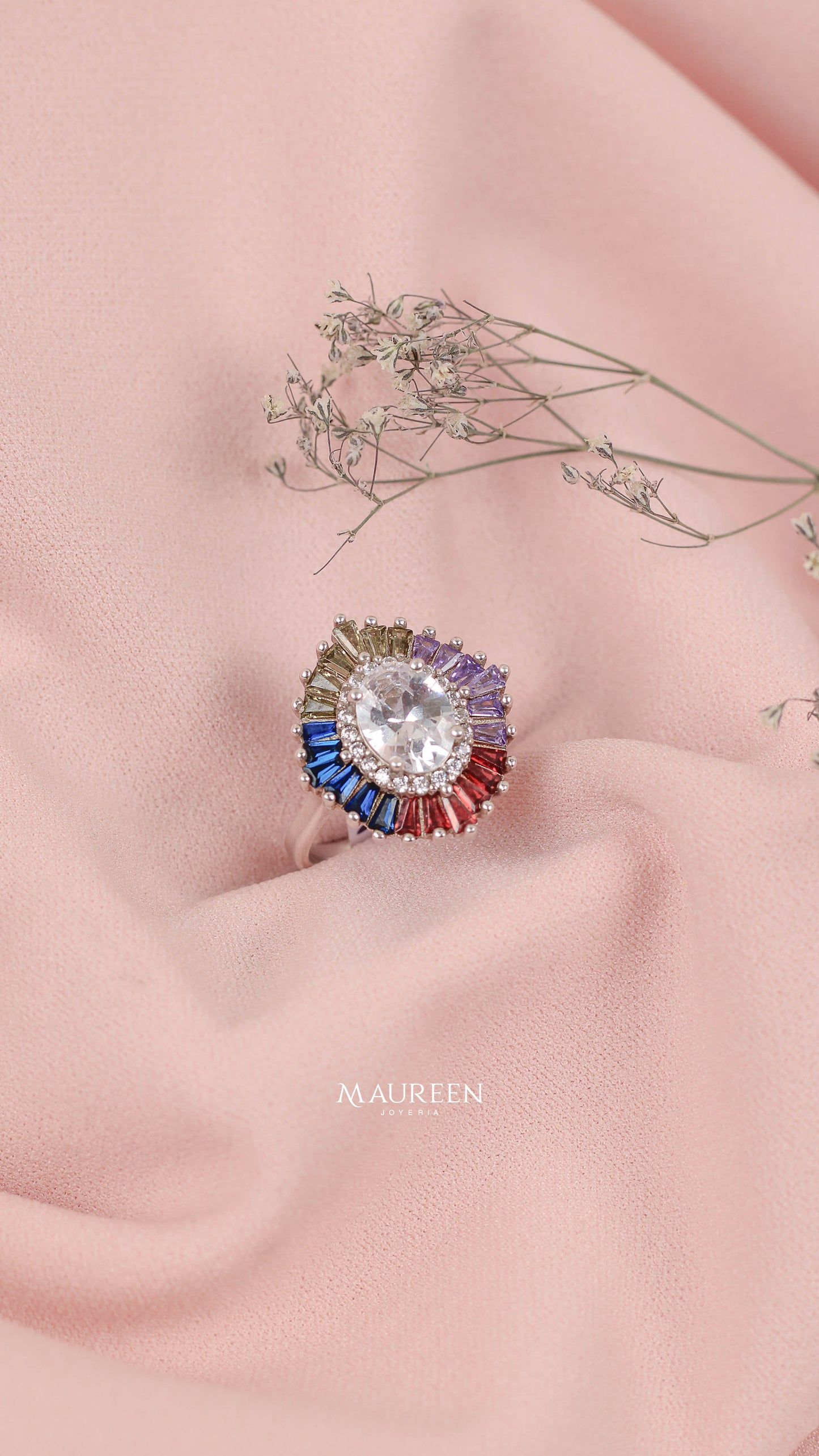 Anillo circon ovalado rodeado multicolor baguette- Plata