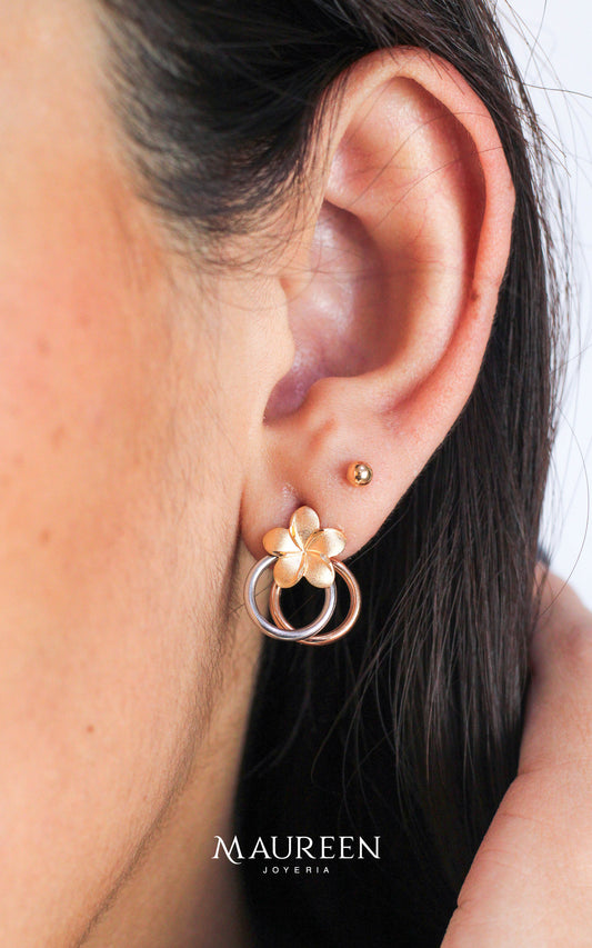 Arete flor con circulo - Oro Amarillo/Rojo/Blanco