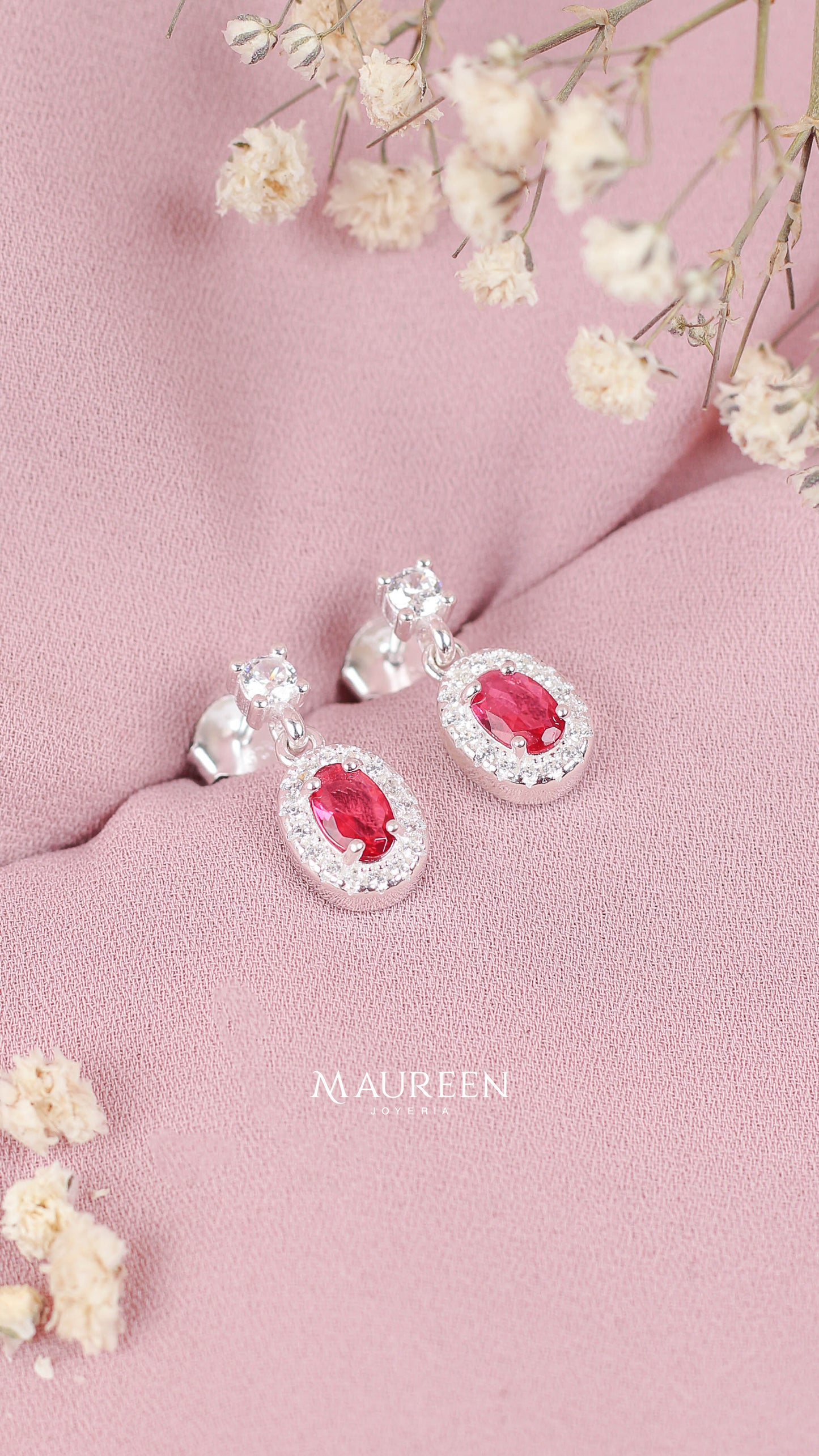 Arete circon rubi ovalado con poste - Plata