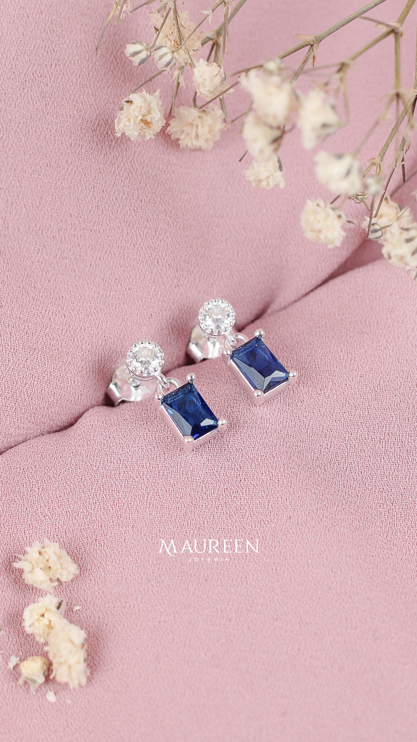 Arete circon zafiro rectangulo con poste - Plata