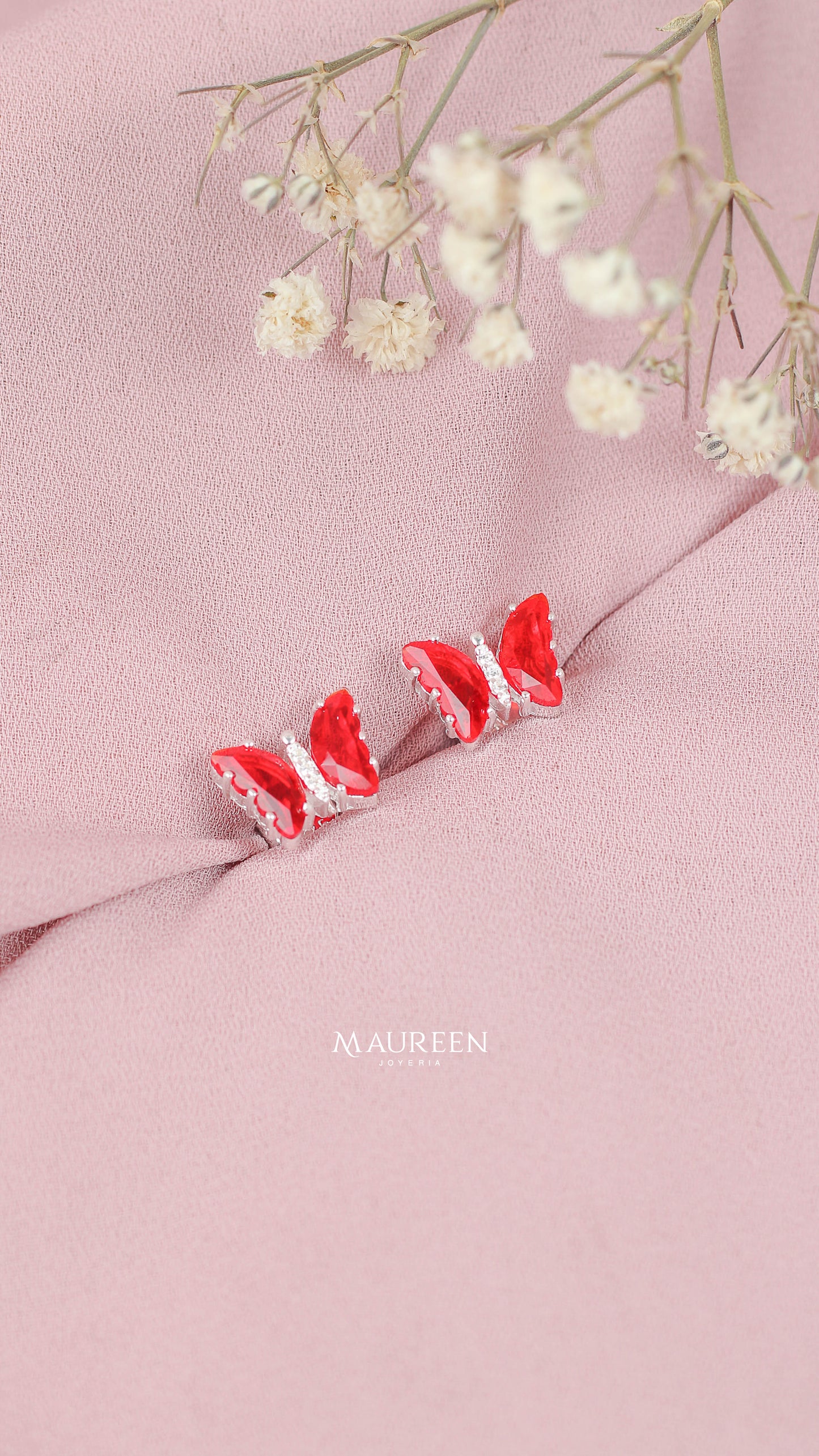 Arete mariposa rubi en alas pegados - Plata