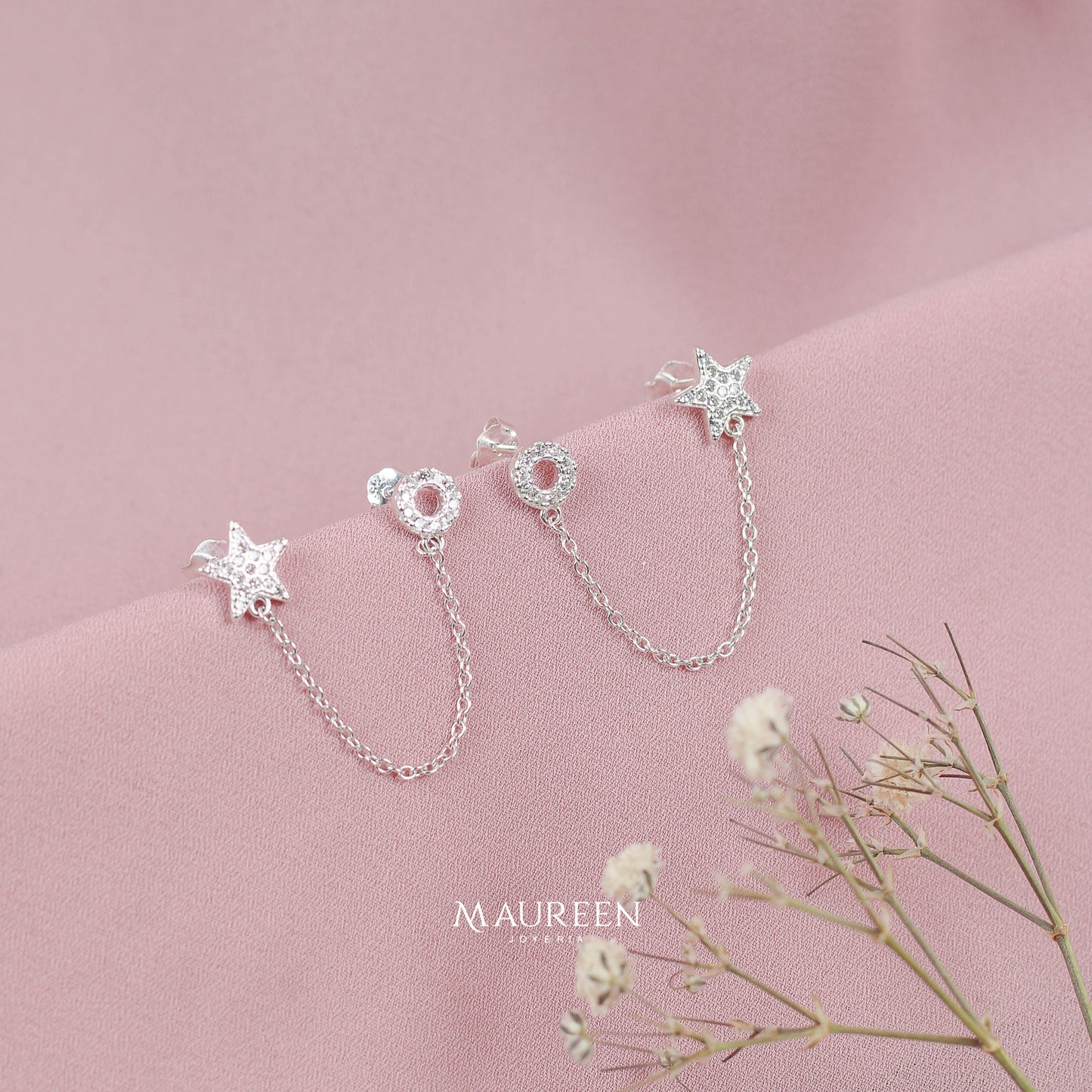 Arete piercing doble hueco con circones - Plata