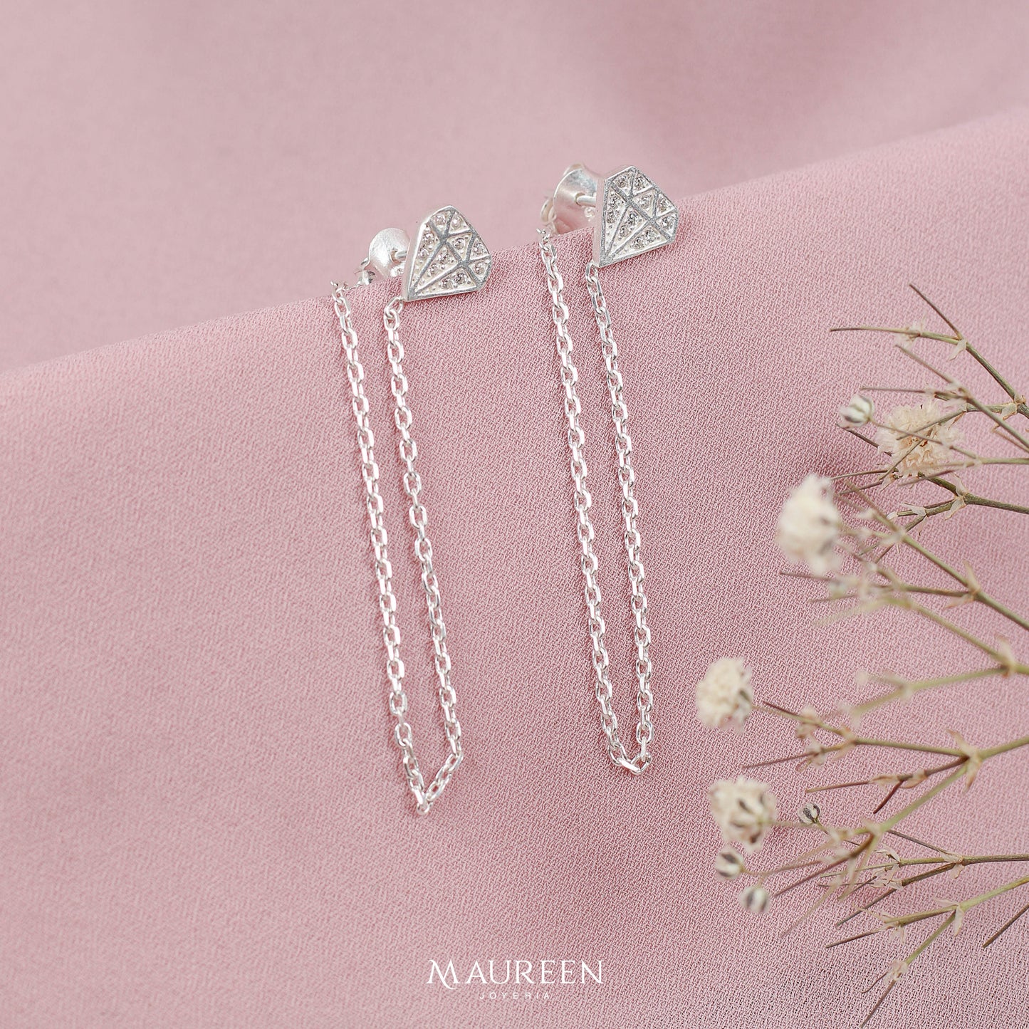 Arete earcuff diamante con circones cadena poste - Plata