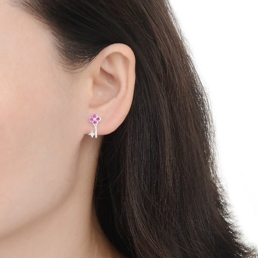 Arete llave diseño flor fucsia - Plata