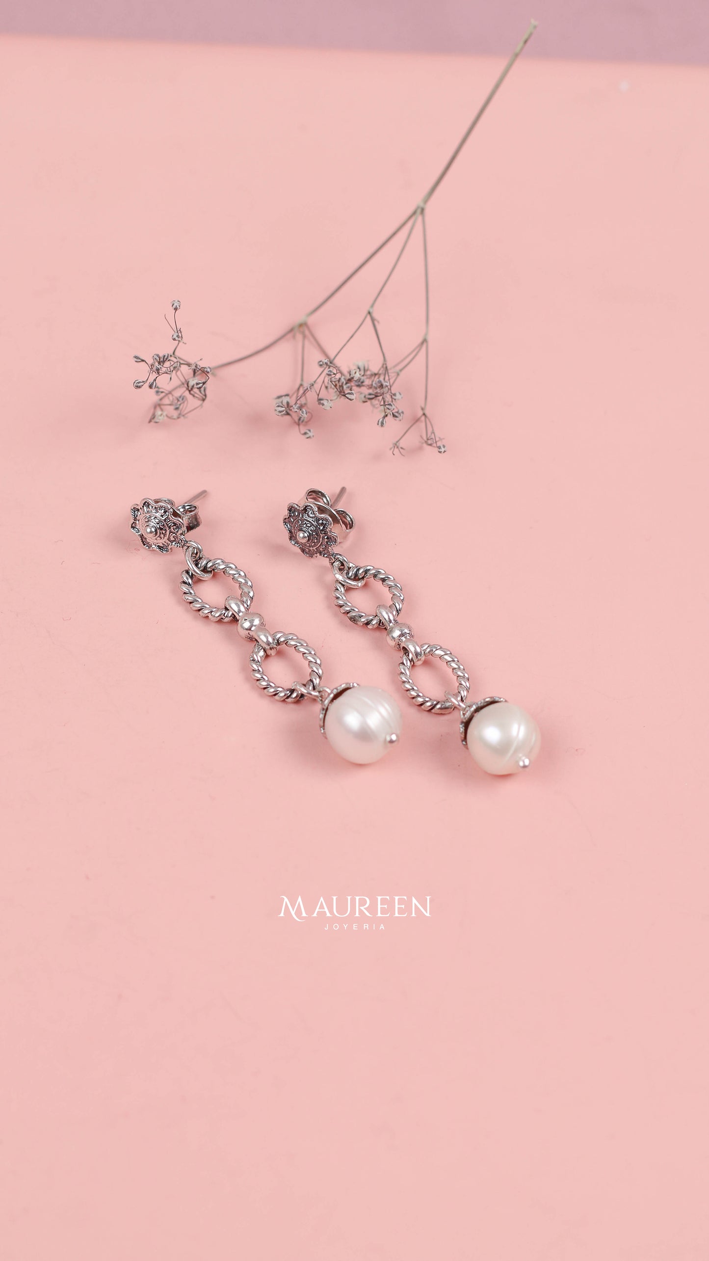 Arete perla colgante - Plata quemada