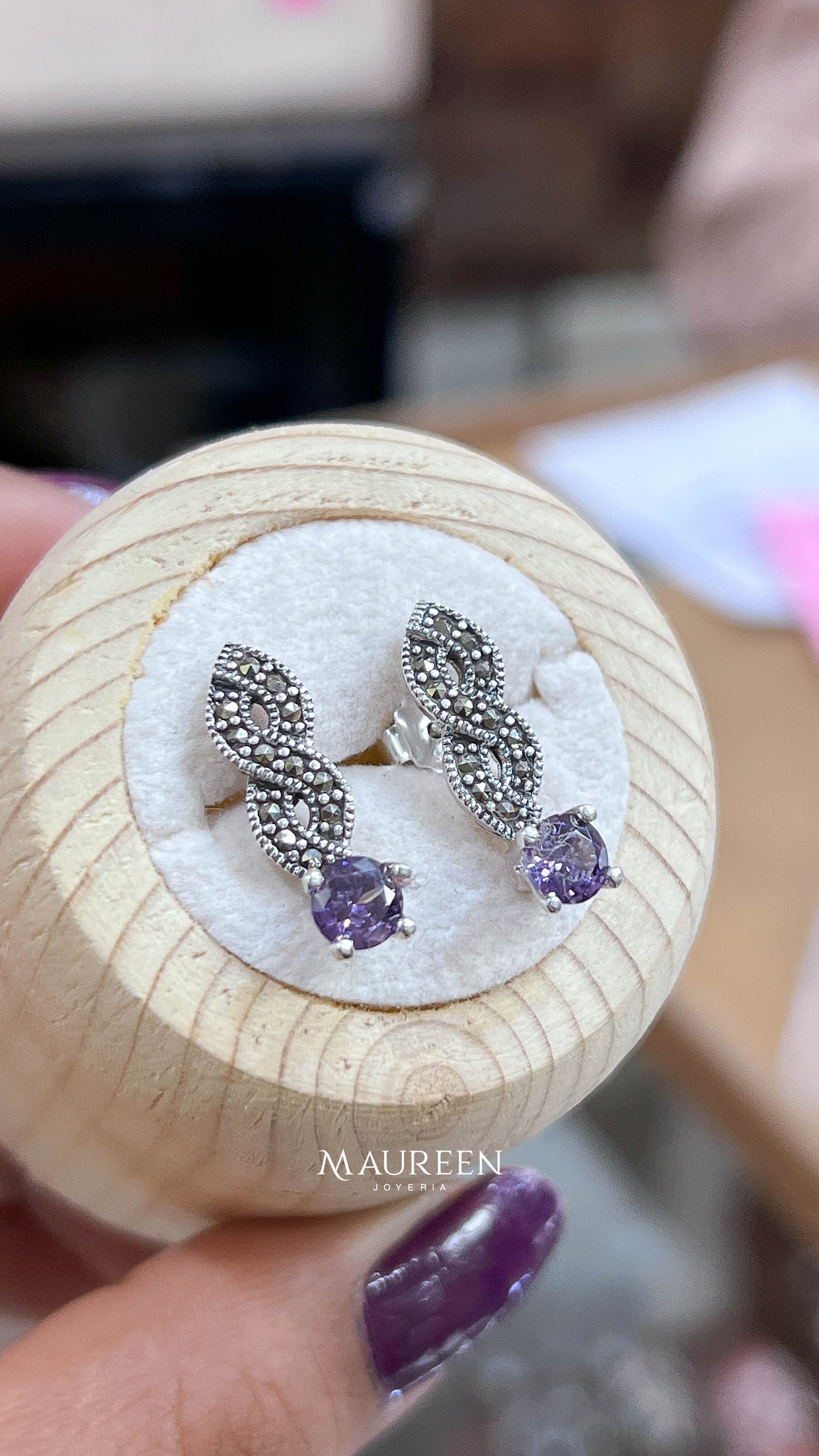 Arete marquesita con amatista - Plata