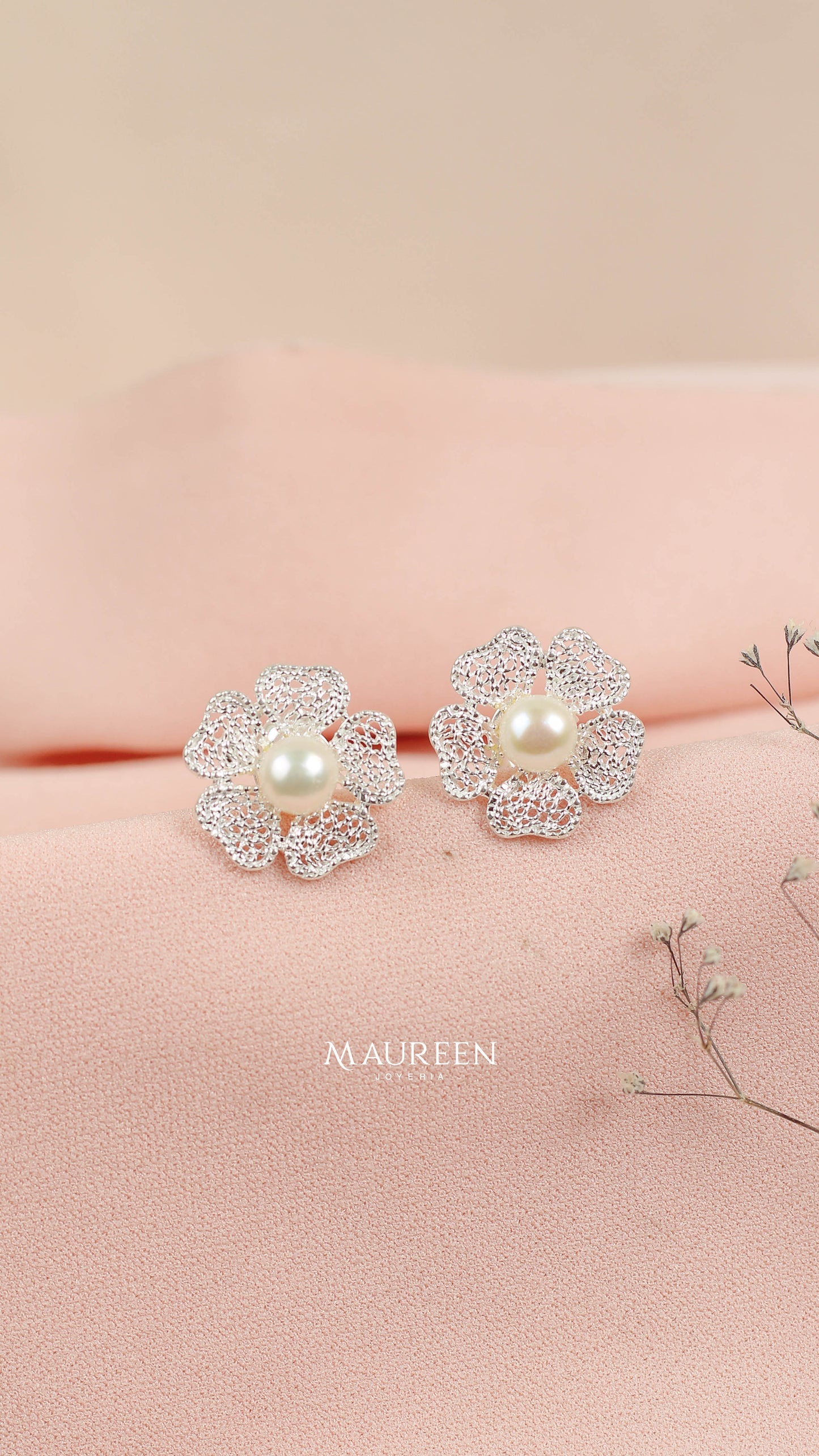 Arete flor filigrana con perla pegado - Plata