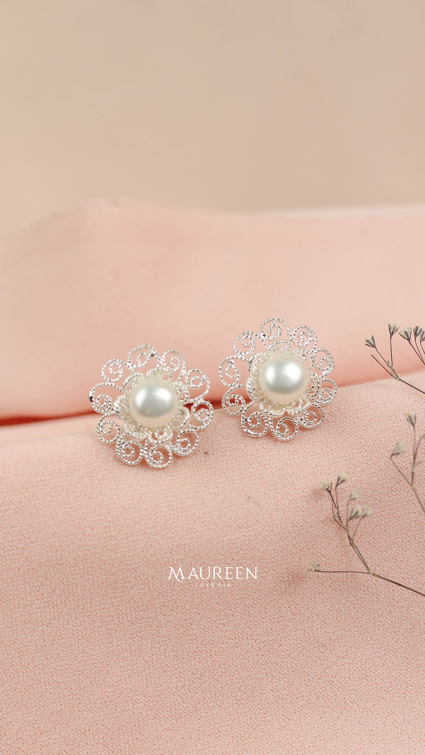 Arete flor filigrana con perla pegado - Plata