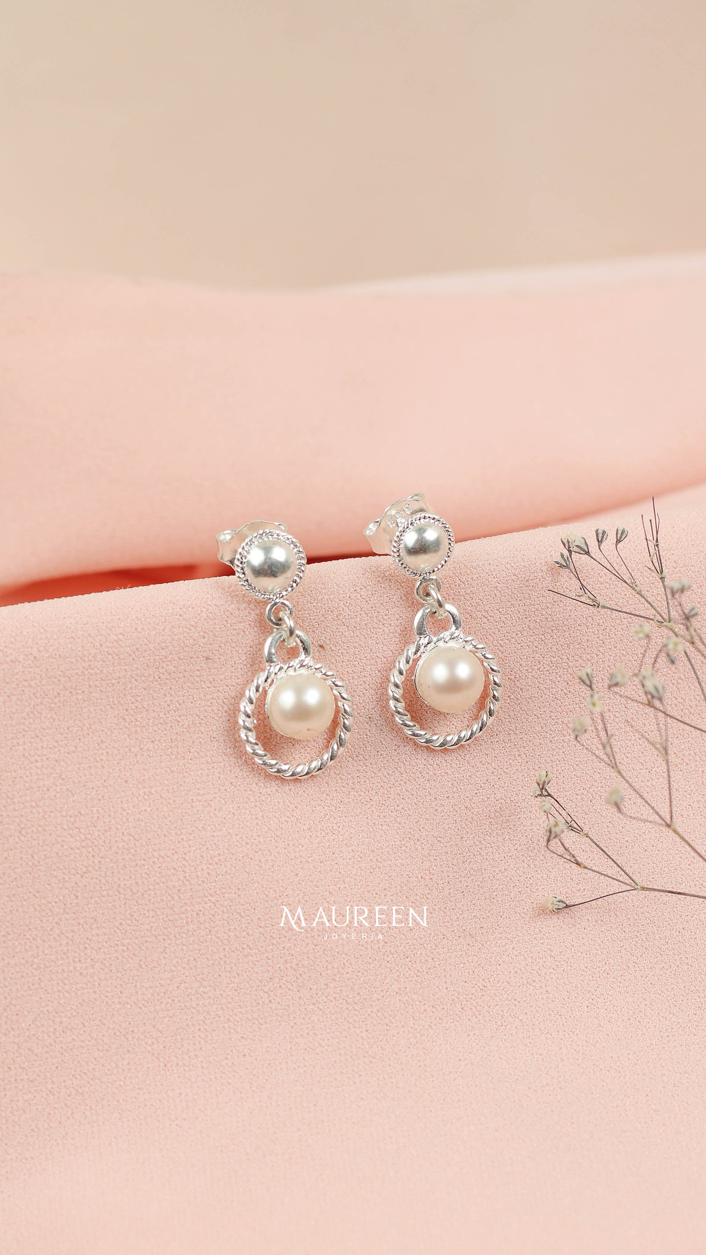 Arete aro filigrana con perla poste colgante - Plata