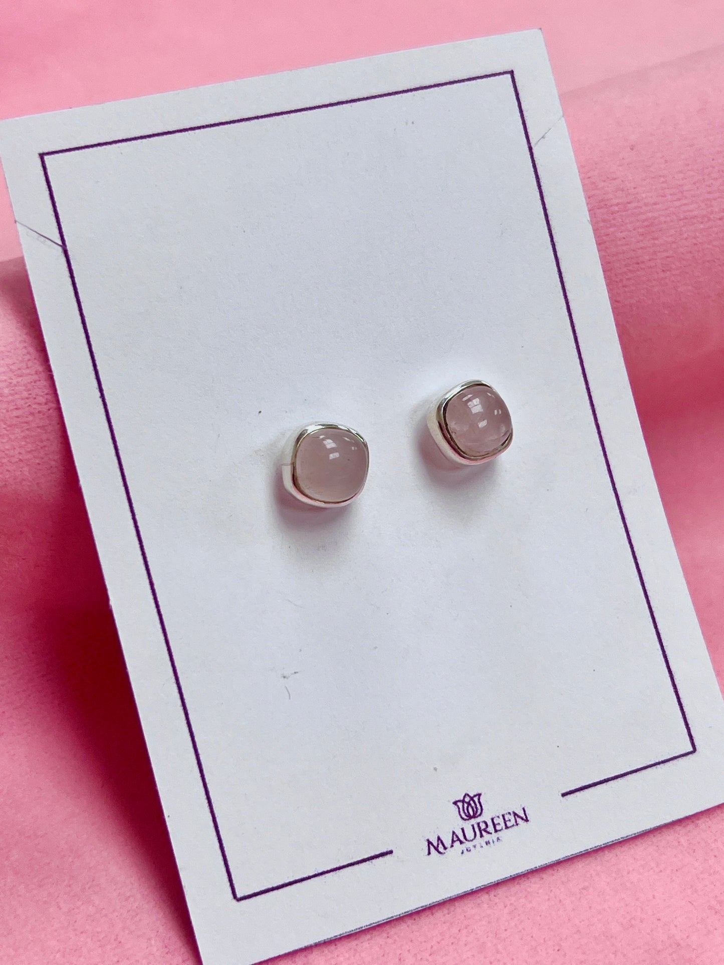 Arete cuadrado cuarzo rosa pegado - plata