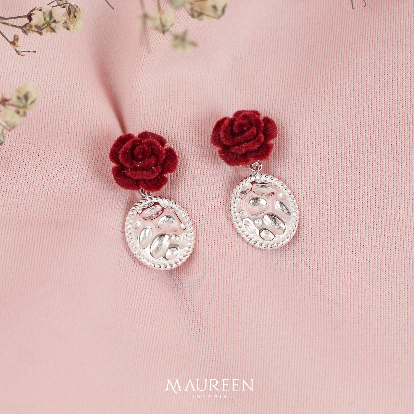 Arete rosa borgoña chunky poste - Plata