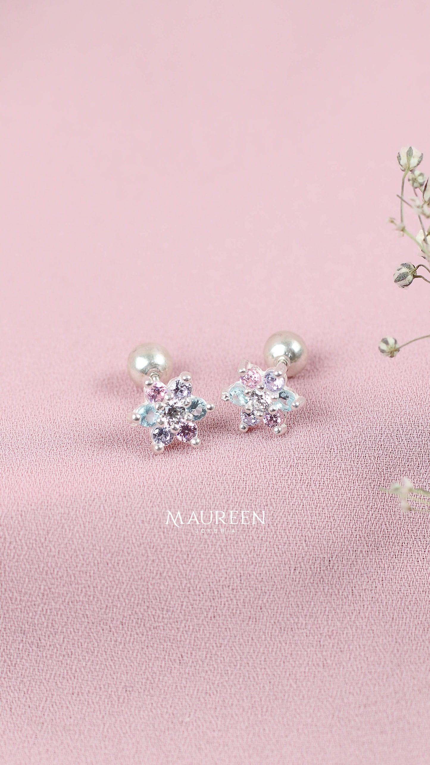 Arete tornillo flor con circones de colores - Plata