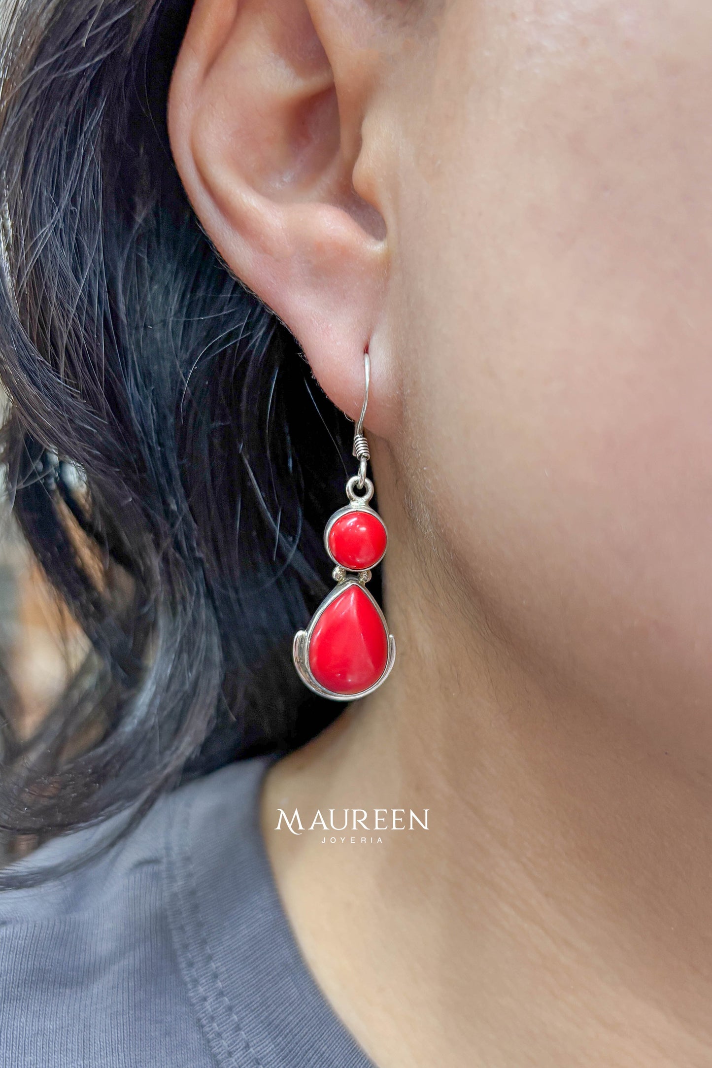 Arete colgante piedra coral-Plata