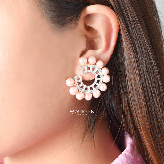 Arete abanico con perlas rosas - Plata
