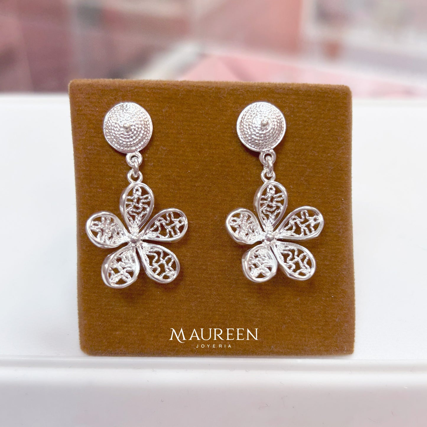 Arete flor 5 petalos filigrana colgante - Plata