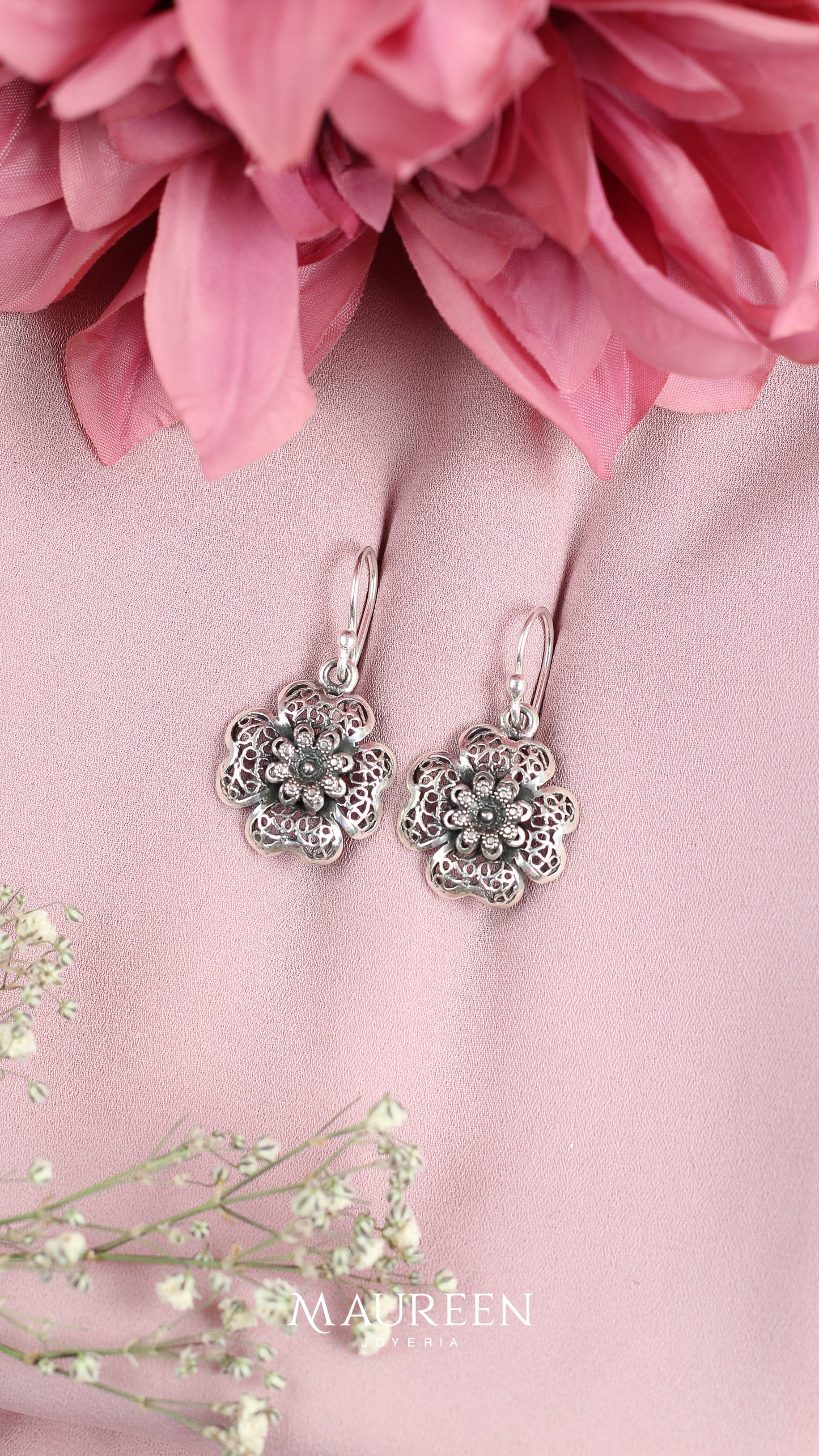 Arete flor tejida - Plata quemada